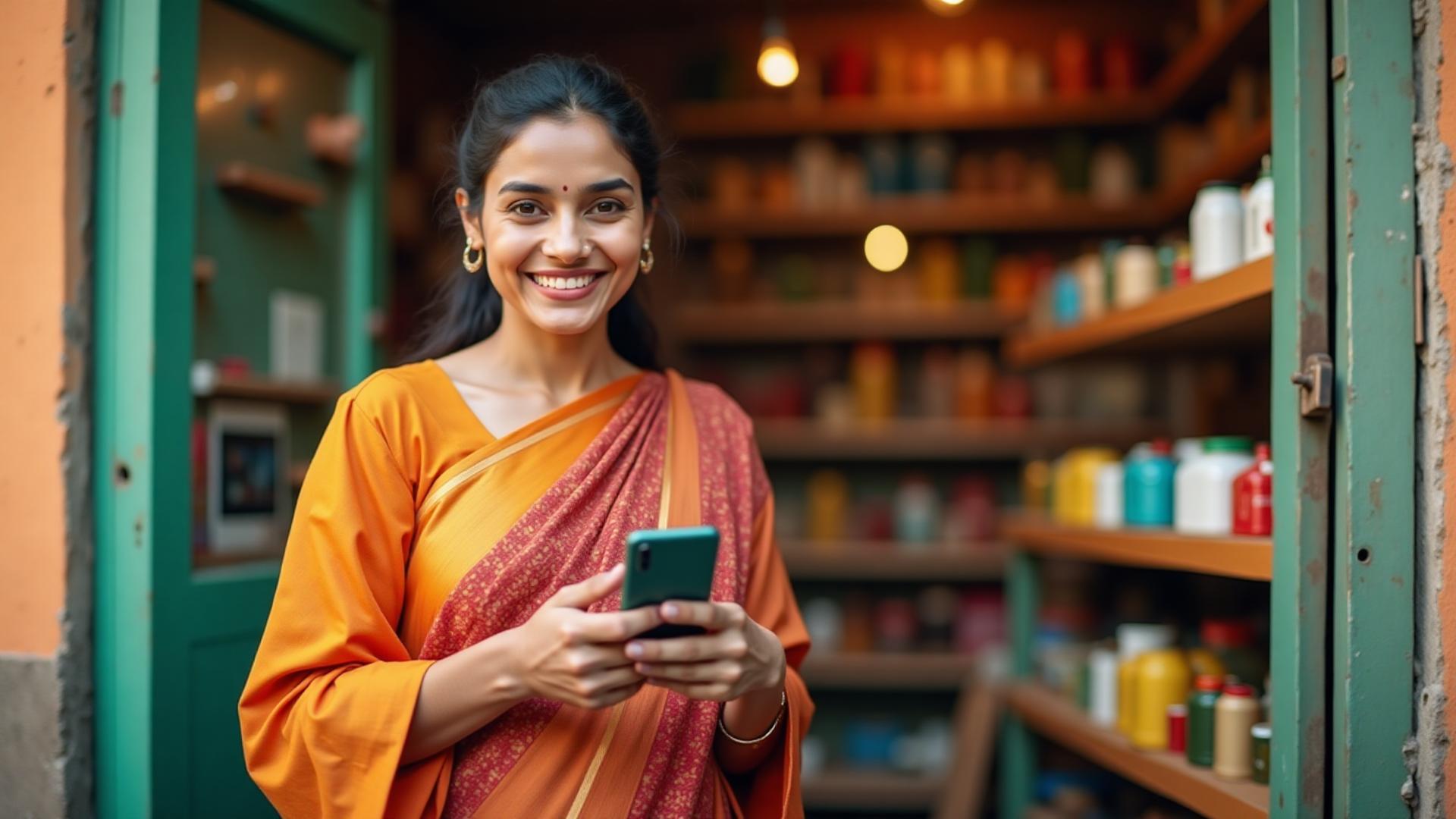 Happy Indian shopkeeper using smartphone for online selling
